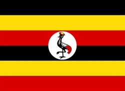 [ai] The flag of Uganda featuring horizontal black, yellow, and red stripes. A white circle in the center contains a crowned grey crowned crane, which is the national bird.